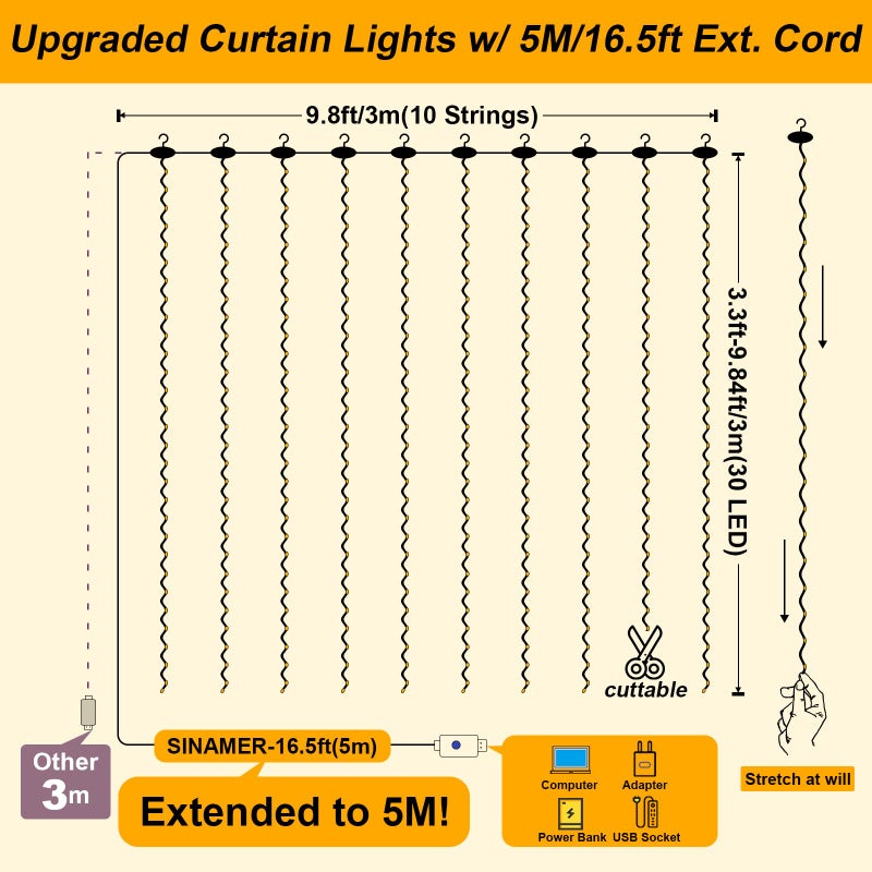 SINAMER Curtain String Lights, Multicolor Curtain Light for Bedroom, USB Powered 8 Modes Remote Fairy Light for Home Wedding Party Decor - Image 5